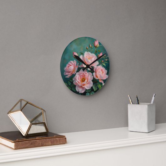 Pink Peonies Artwork on Emerald Green Ronde Klok (Kantoor)