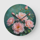 Pink Peonies Artwork on Emerald Green Ronde Klok (Voorkant)
