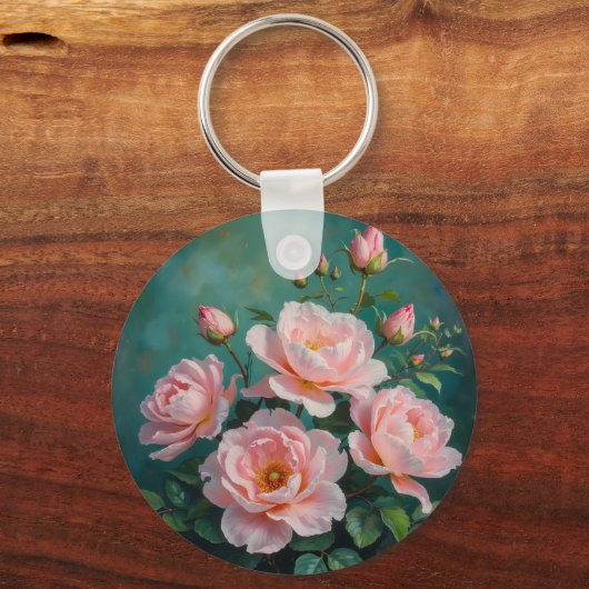 Pink Peonies Artwork on Emerald Green Sleutelhanger (Achterkant)