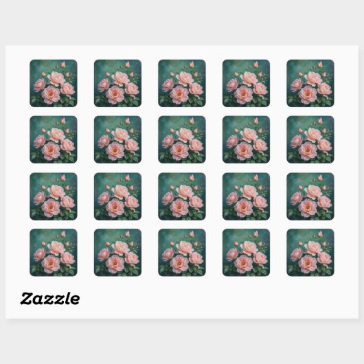 Pink Peonies Artwork on Emerald Green Vierkante Sticker (Vel)