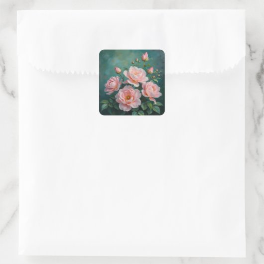 Pink Peonies Artwork on Emerald Green Vierkante Sticker (Tas)