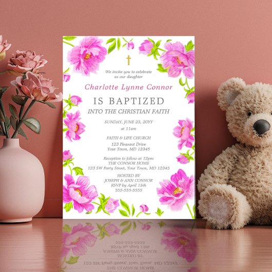 Pink Peonies Baptisme Invitation Kaart