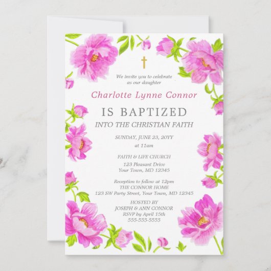 Pink Peonies Baptisme Invitation Kaart (Voorkant)