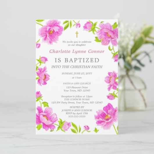 Pink Peonies Baptisme Invitation Kaart (Staand voorkant)