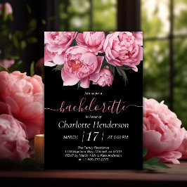 Pink Peonies Black Bachelorette Party Kaart