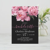 Pink Peonies Black Bachelorette Party Kaart (Staand voorkant)