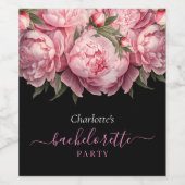 Pink Peonies Black Bachelorette Party Wijn Etiket (Enkel label)