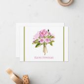 Pink Peonies Bouquet Green Border Thank You Notitiekaartje (Voorkant / Achterkant in situ)