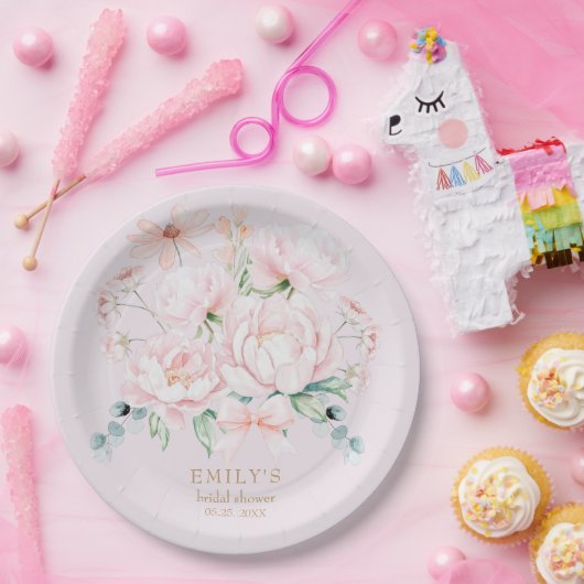 Pink Peonies Bow Wildflower Garden Vrijgezellenfee Papieren Bordje (Feest)