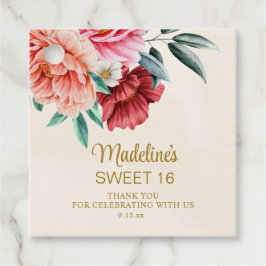 Pink Peonies Burgundy Floral Leaves Sweet 16 Bedankjes Labels