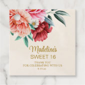 Pink Peonies Burgundy Floral Leaves Sweet 16 Bedankjes Labels (Voorkant)