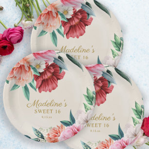 Pink Peonies Burgundy Floral Leaves Sweet 16 Papieren Bordje