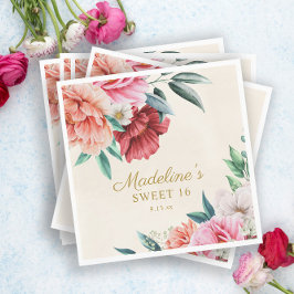 Pink Peonies Burgundy Floral Leaves Sweet 16 Servet