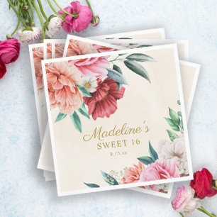 Pink Peonies Burgundy Floral Leaves Sweet 16 Servet