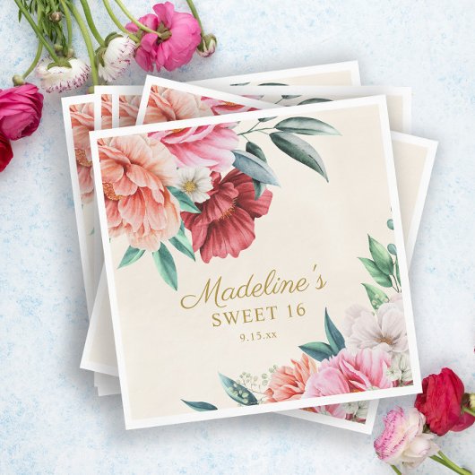 Pink Peonies Burgundy Floral Leaves Sweet 16 Servet