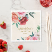 Pink Peonies Burgundy Floral Leaves Sweet 16 Servet (Insitu)