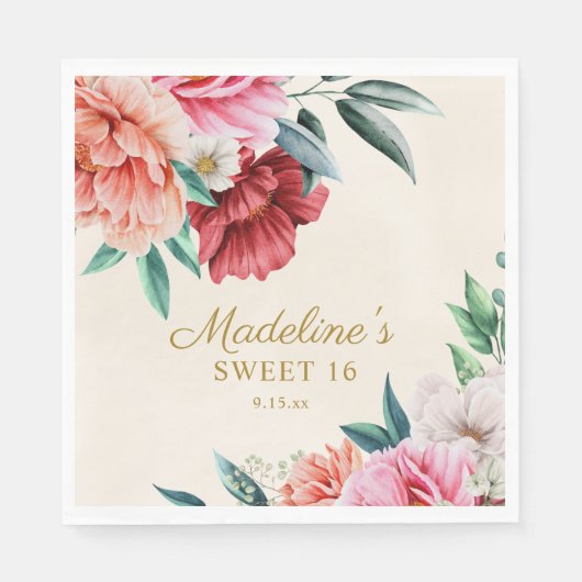 Pink Peonies Burgundy Floral Leaves Sweet 16 Servet (Voorkant)