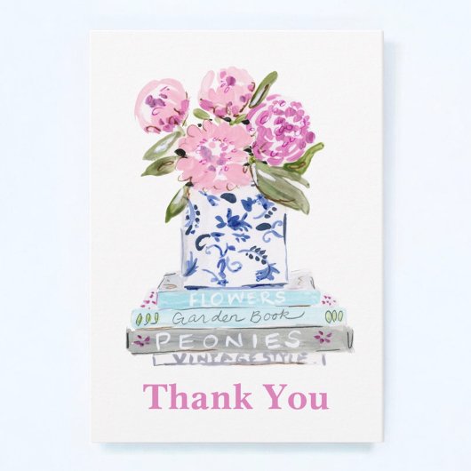 Pink Peonies Chinoiserie Vaas Boek Stack Bedankt Notitiekaartje