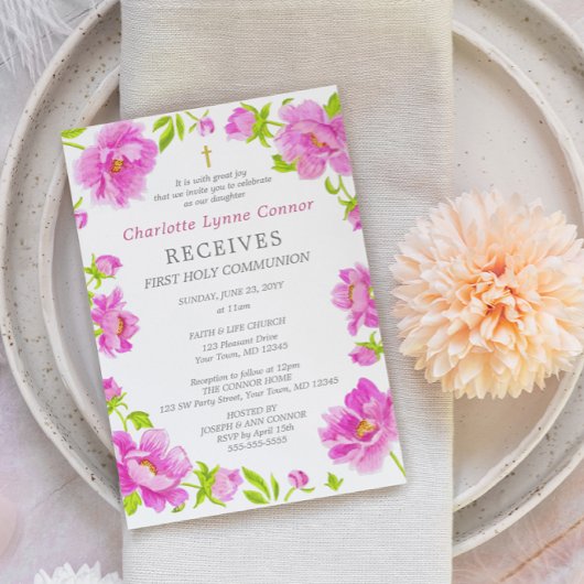 Pink Peonies Eerste Heilige Communauteit Uitnodigi Kaart