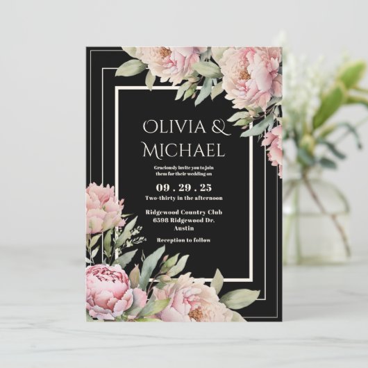 Pink Peonies Floral Black Elegant Wedding Kaart (Staand voorkant)