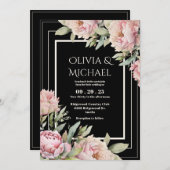 Pink Peonies Floral Black Elegant Wedding Kaart (Voorkant / Achterkant)