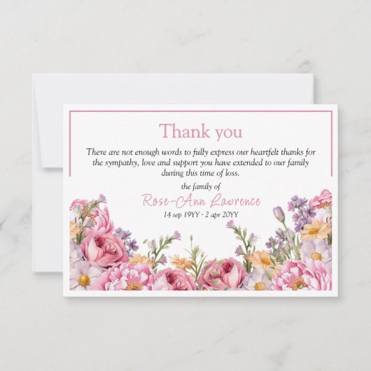 Pink peonies floral frame funeral bedankkaart (Voorkant)