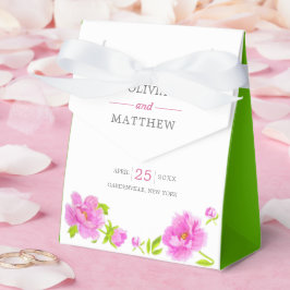 Pink Peonies Floral Green Wedding Cake Favor Box Bedankdoosjes