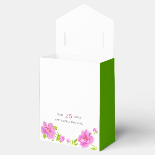 Pink Peonies Floral Green Wedding Cake Favor Box Bedankdoosjes (Geopend)