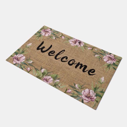 Pink Peonies Floral Greenery Spring Burlap Doormat Deurmat (Schuin)