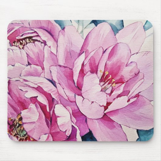 Pink Peonies Floral Waterverf Art Mousepad Muismat (Voorkant)