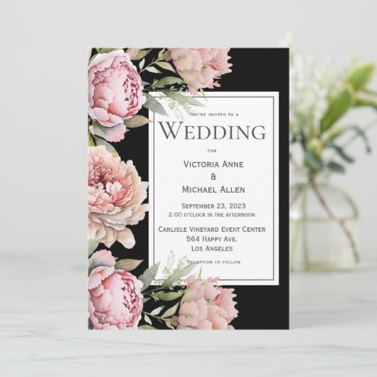 Pink Peonies Floral Waterverf Black Wedding Kaart (Staand voorkant)