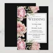 Pink Peonies Floral Waterverf Black Wedding Kaart (Voorkant / Achterkant)