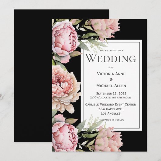 Pink Peonies Floral Waterverf Black Wedding Kaart (Voorkant / Achterkant)