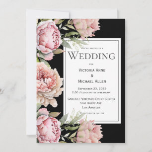 Pink Peonies Floral Waterverf Black Wedding Kaart
