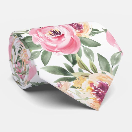Pink Peonies Floral Waterverf Flowers Necktie Stropdas (Opgerold)