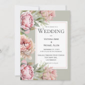 Pink Peonies Floral Waterverf Sage Green Wedding Kaart (Voorkant)