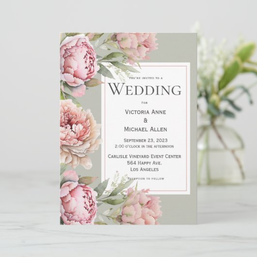 Pink Peonies Floral Waterverf Sage Green Wedding Kaart (Staand voorkant)