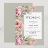 Pink Peonies Floral Waterverf Sage Green Wedding Kaart (Voorkant / Achterkant)