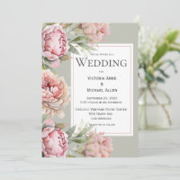 Pink Peonies Floral Waterverf Sage Green Wedding
