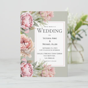 Pink Peonies Floral Waterverf Sage Green Wedding Kaart