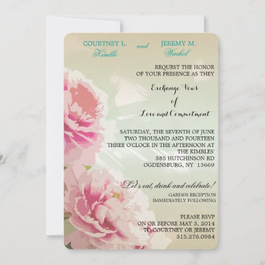 Pink Peonies Floral Wedding Kaart (Voorkant)