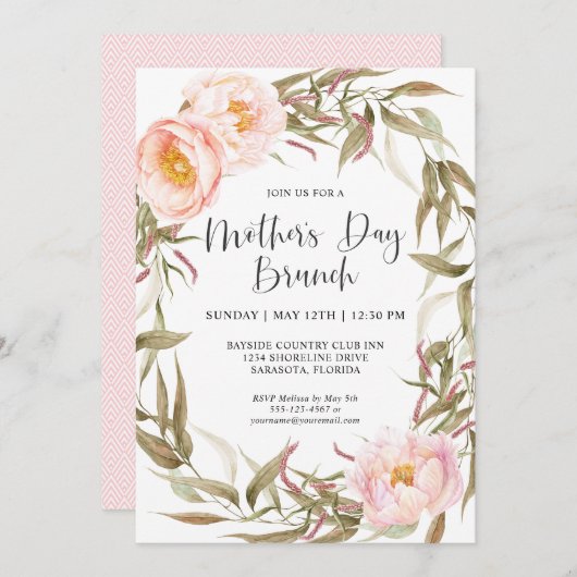Pink Peonies Floral Wreate Moederdag Brunch Kaart (Voorkant / Achterkant)