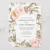 Pink Peonies Floral Wreath Wedding Kaart (Voorkant / Achterkant)