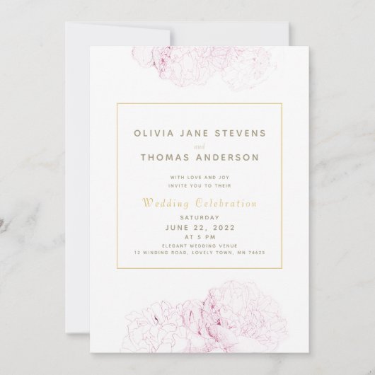 Pink Peonies Gold Elegant Moderne Klassieke bruilo Kaart (Voorkant)