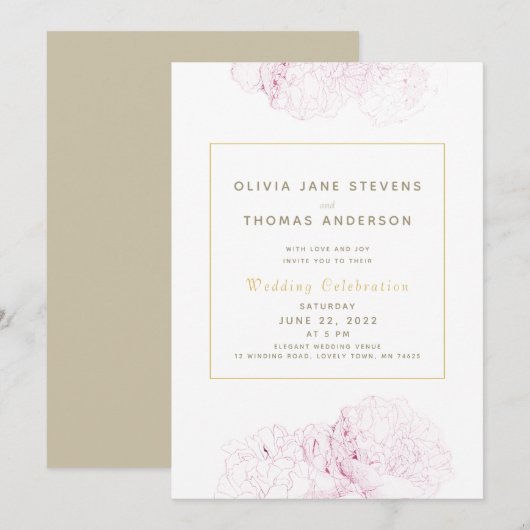 Pink Peonies Gold Elegant Moderne Klassieke bruilo Kaart (Voorkant / Achterkant)