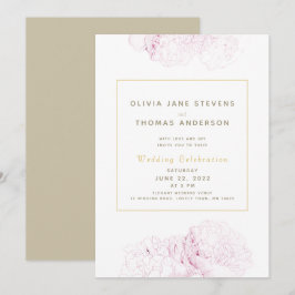 Pink Peonies Gold Elegant Moderne Klassieke bruilo Kaart
