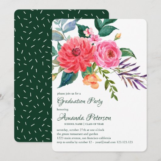 Pink Peonies Greenery Flower Afstuderen Invitation Kaart (Voorkant / Achterkant)