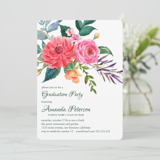Pink Peonies Greenery Flower Afstuderen Invitation Kaart (Staand voorkant)