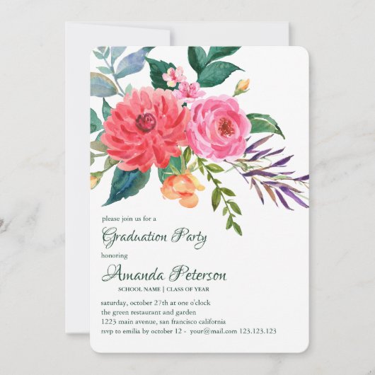Pink Peonies Greenery Flower Afstuderen Invitation Kaart