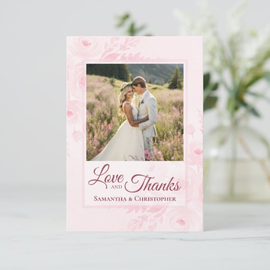 Pink Peonies Love & Thanks Photo & Note Wedding Bedankkaart (Staand voorkant)